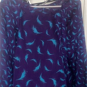 LOFT Purple Blouse with Teal Feather Print